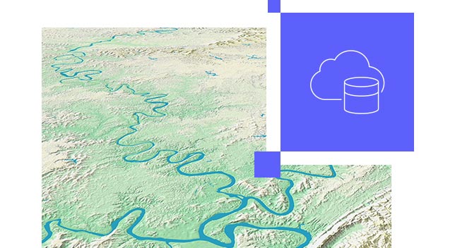 Imagerie terrestre par satellite montrant le terrain d'un littoral avec de la terre et de l'eau et une icône de nuage avec une flèche vers le haut à l'intérieur