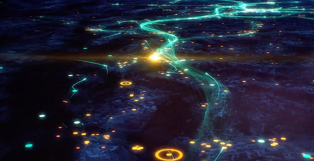 Une carte dans des tons violet foncé et noir, avec des points de concentration en jaune et des itinéraires de transit illuminés d'un vert éclatant.