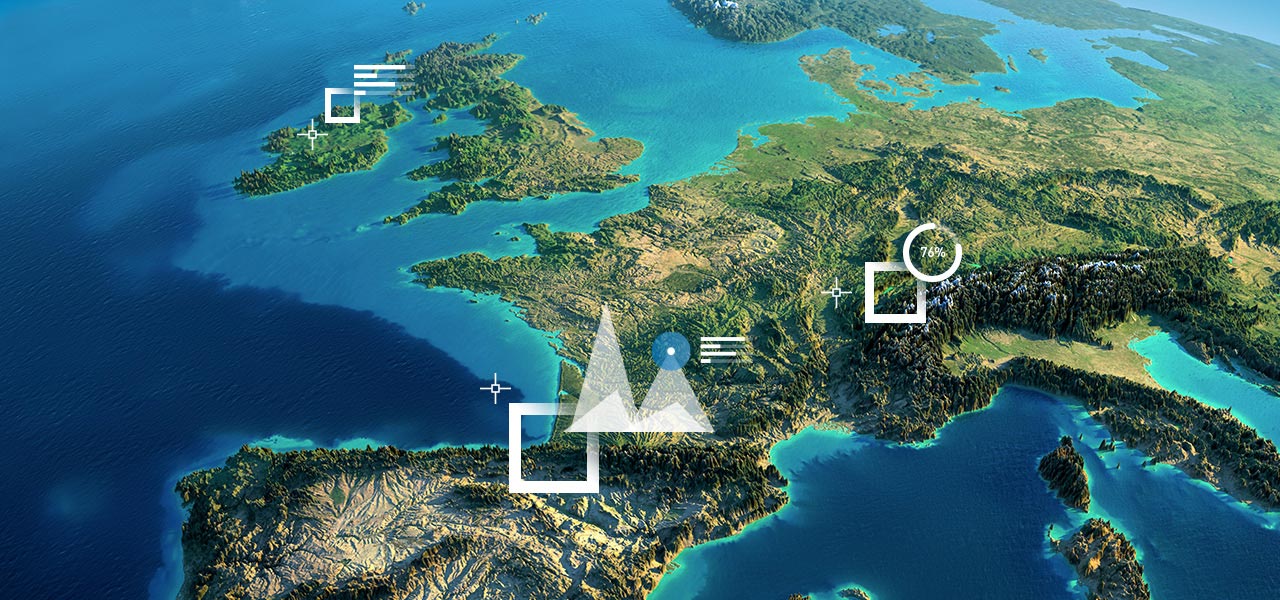 Image satellite de l'Europe avec des éléments numériques superposés (icônes et marqueurs)
