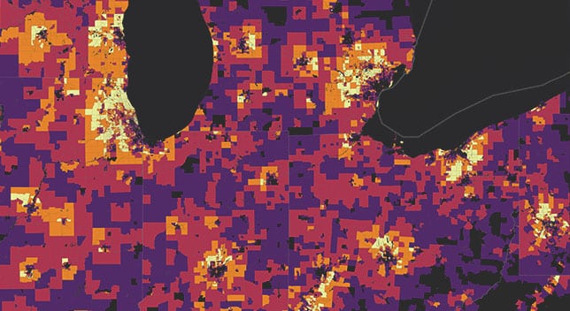 Carte constituée de blocs de couleur montrant combien l’âge moyen des clients des magasins de détail varie en fonction du lieu,Carte constituée de blocs de couleur montrant combien l’âge moyen des clients des magasins de détail varie en fonction du lieu