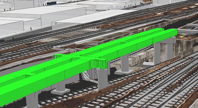 Jumeau numérique d’une infrastructure ferroviaire avec des parties de la structure qui apparaissent en vert,Jumeau numérique d’une infrastructure ferroviaire avec des parties de la structure qui apparaissent en vert