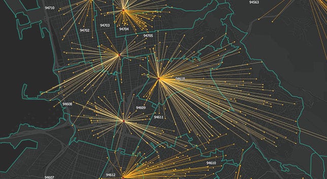 Carte de la baie de San Francisco montrant les emplacements des clients par code ZIP par rapport aux zones commerciales,Carte de la baie de San Francisco montrant les emplacements des clients par code ZIP par rapport aux zones commerciales