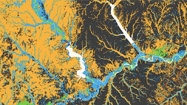Carte de flux de cours d’eau montrant les effets du changement climatique sur l’écoulement fluvial avec un ombrage orange et noir en dessous de la couleur bleue des cours d’eau