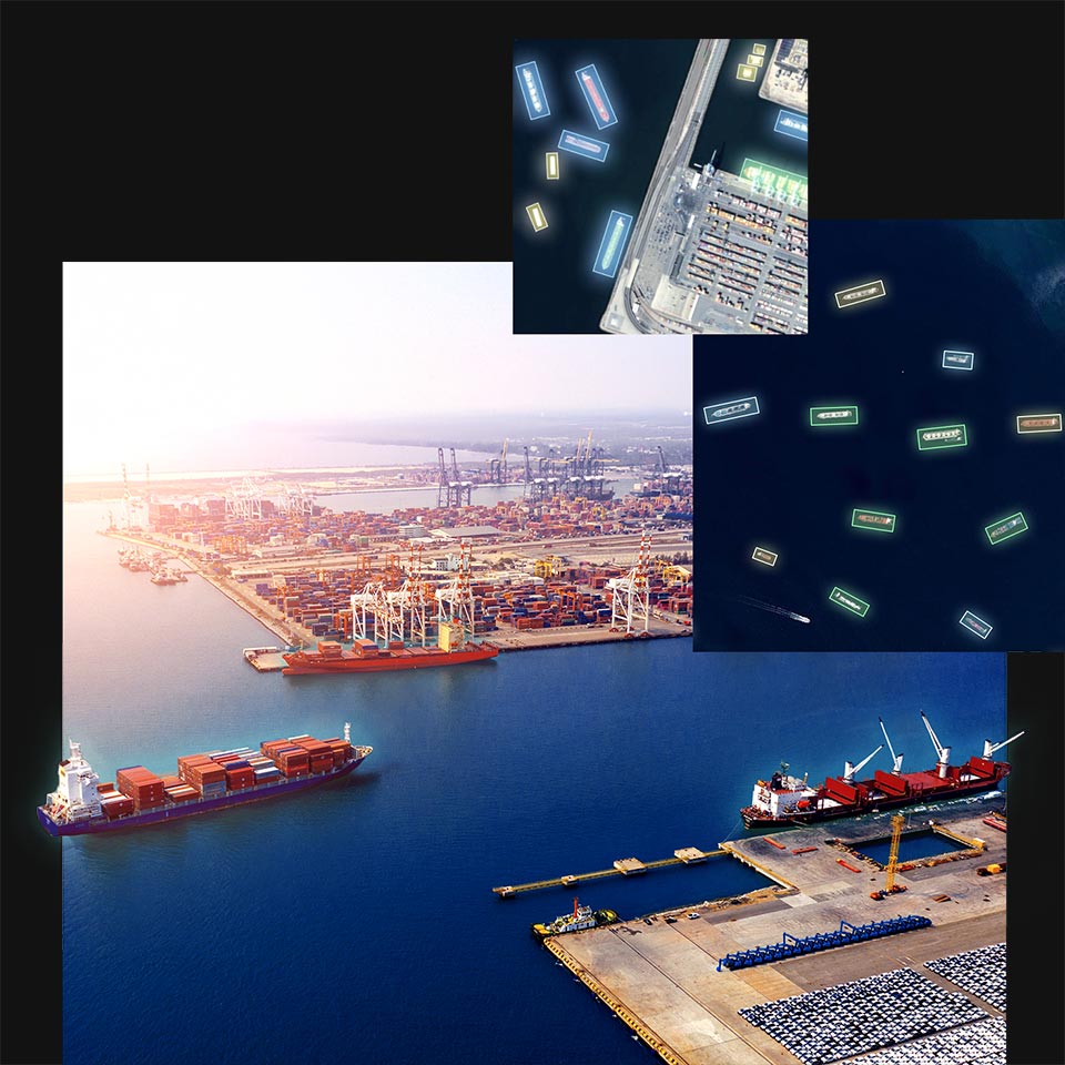 Vue aérienne d’un port et d’un terminal maritime avec des modèles pré-entraînés détectant les navires, les bâtiments et les infrastructures industrielles