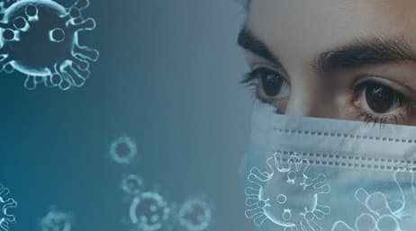Virus et professionnel de santé portant un masque