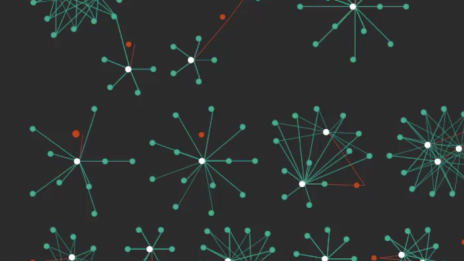 Arrière-plan sombre avec des nœuds turquoise et rouges interconnectés formant des grappes de réseau, avec un bouton de lecture superposé