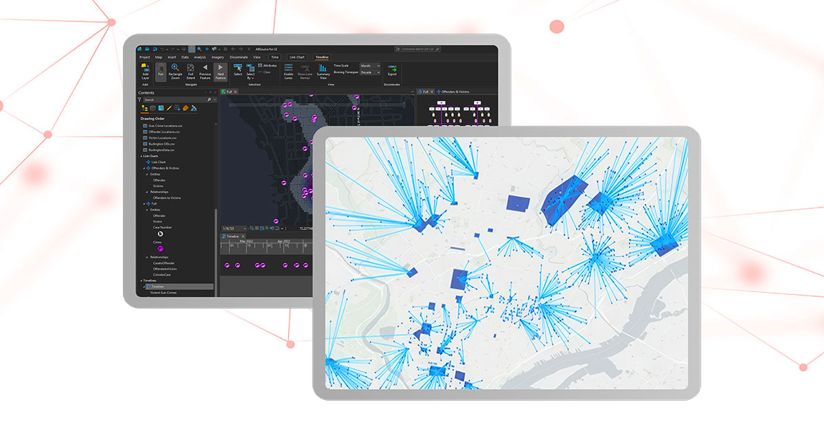 Vue d’écran affichant une interface ArcGIS AllSource de couleur sombre avec des points de carte violets et des panneaux de données, à laquelle se superpose une vue montrant une carte de couleur claire avec des lignes et des polygones bleus représentant les connexions au réseau