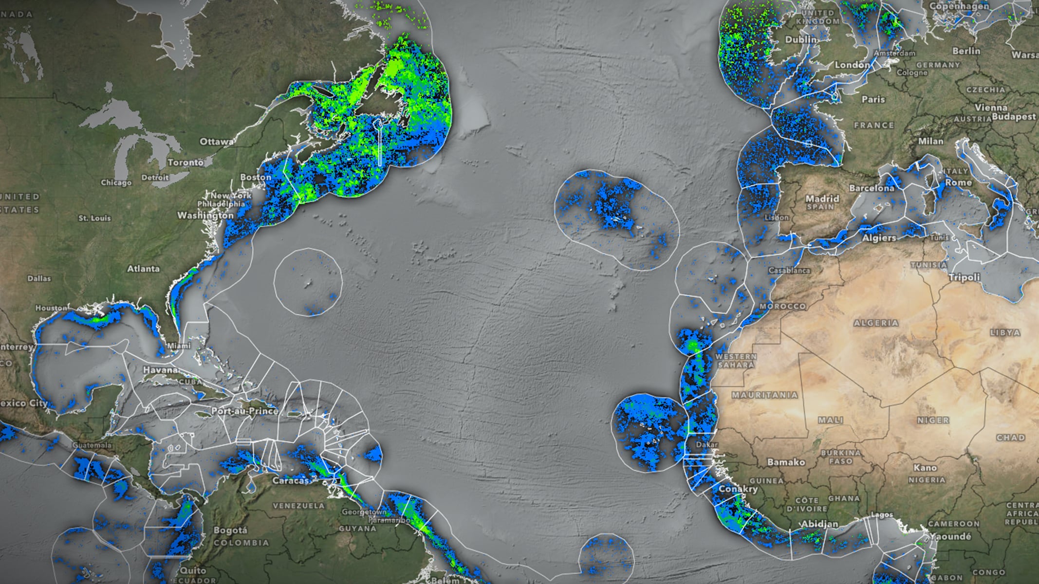 Carte mondiale représentant des données océaniques de diverses couleurs pour indiquer différentes caractéristiques et mesures océanographiques