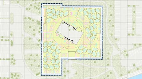 Carte représentant une zone délimitée par un polygone carré avec un bouton de lecture en superposition