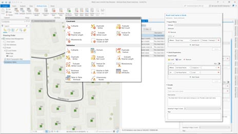 Capture d’écran d’images et de texte représentant une carte ArcGIS Data Reviewer avec des vérifications