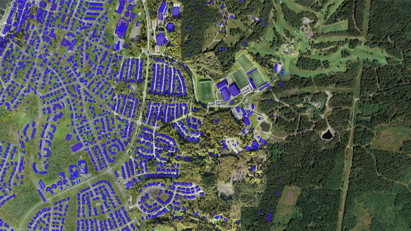Imagerie aérienne d’une zone suburbaine avec une forêt dense à droite. Les toitures sont mises en surbrillance en bleu, ce qui indique qu’elles peuvent accueillir des panneaux solaires.