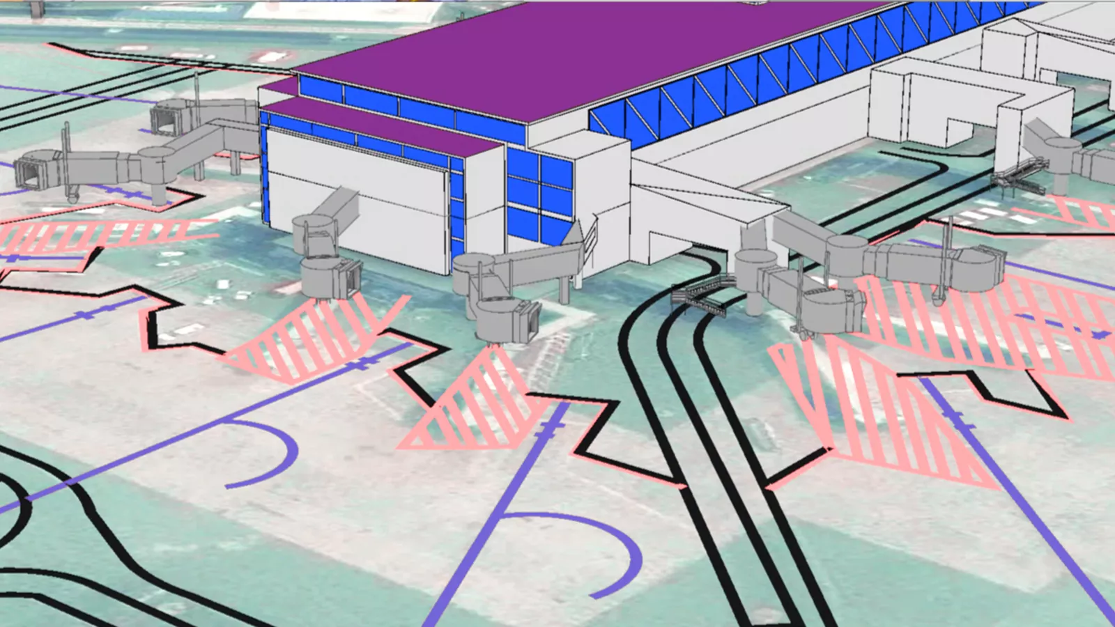 Modèle 3D d’un terminal d’aéroport et du tarmac environnant Le terminal est représenté avec des accentuations violettes et bleues qui mettent en surbrillance différentes zones. Des passerelles grises s’étendent du terminal jusqu’à des zones désignées sur le tarmac, marquées par des bandes roses. Des lignes noires et bleues indiquent les pistes de circulation et d’autres marquages au sol.