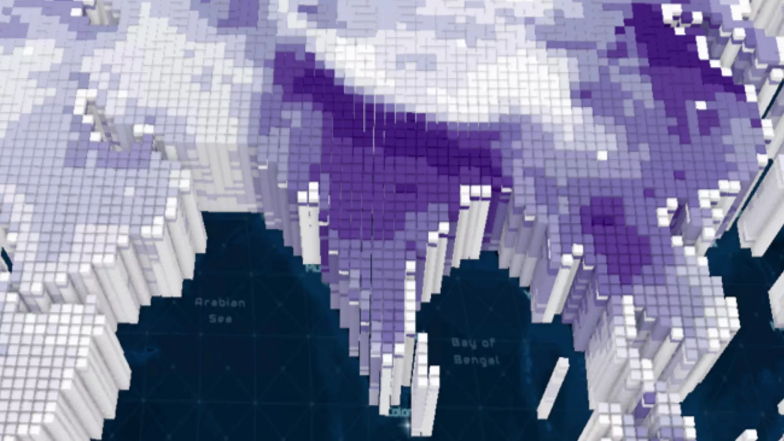 Carte 3D de l’Asie avec des colonnes similaires à celles d’un diagramme à barres. Les colonnes sont ombrées avec différentes nuances de violet, le violet le plus foncé étant concentré sur le sous-continent indien et les nuances plus claires s’étendant vers le nord et l’est.