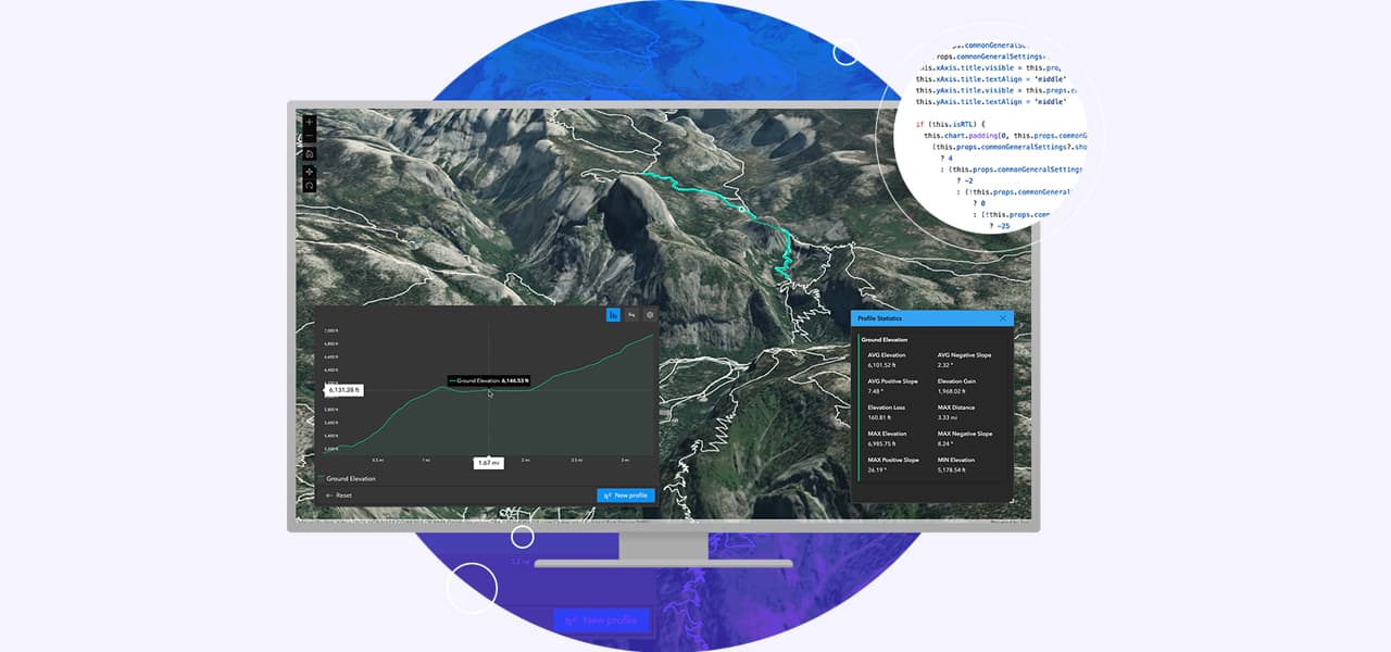 Écran d’ordinateur affichant une carte 3D d’un sentier de montagne avec des diagrammes linéaires en encart qui présentent l’élévation verticale