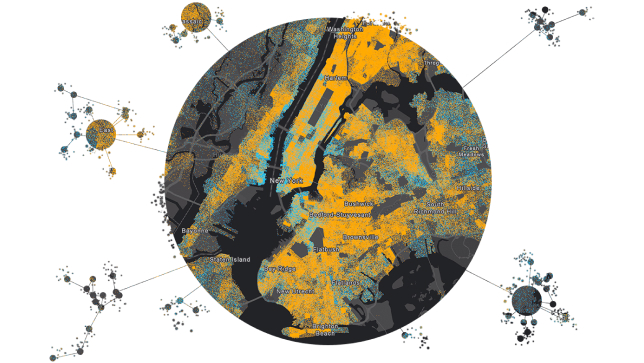 Graphique d’une carte de densité sombre avec des marquages en bleu et orange