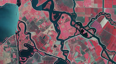 Vue depuis un satellite du delta du fleuve Sacramento-San Joaquin en Californie avec l’eau mise en surbrillance en noir et la végétation mise en surbrillance en rose, sur laquelle est superposé un bouton de lecture