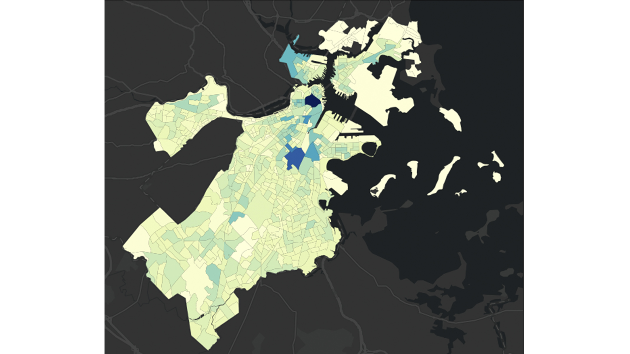 Carte ArcGIS GeoAnalytics for Microsoft Fabric noire montrant les différents niveaux d’un point de données dans divers voisinages en jaune