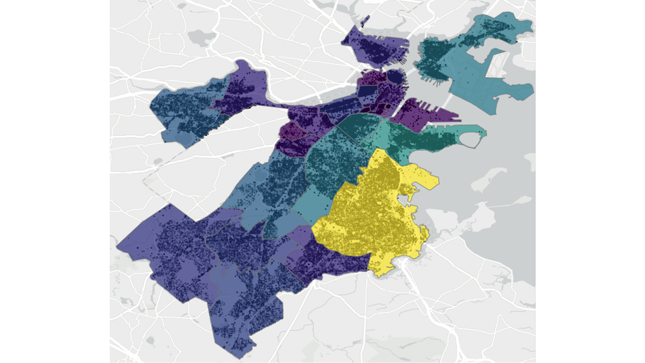 Carte ArcGIS GeoAnalytics for Microsoft Fabric avec des voisinages avec un code couleur des données en bleu, violet et jaune