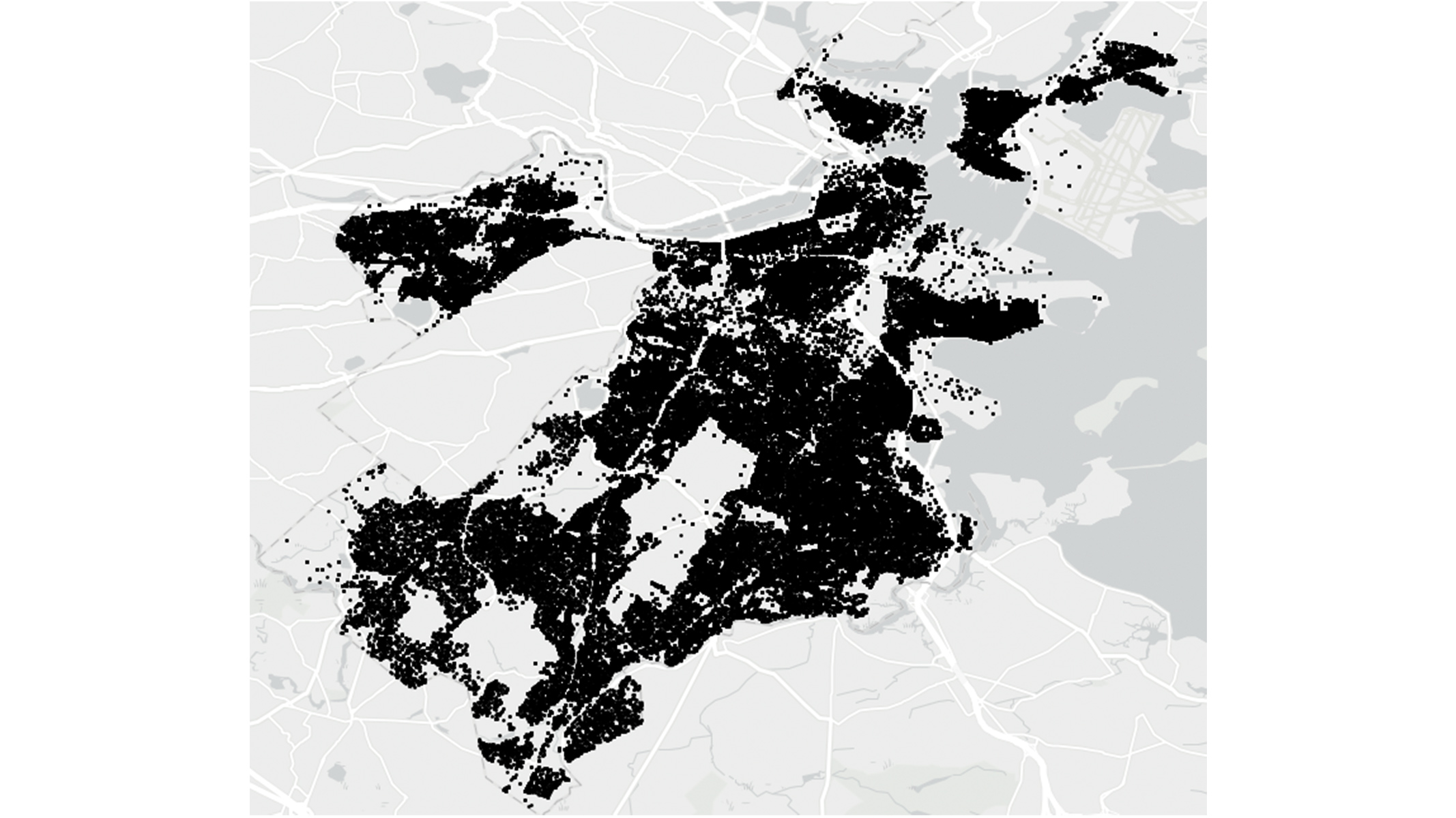 Carte ArcGIS GeoAnalytics for Microsoft Fabric d’une région en noir et blanc montrant de nombreux points de données