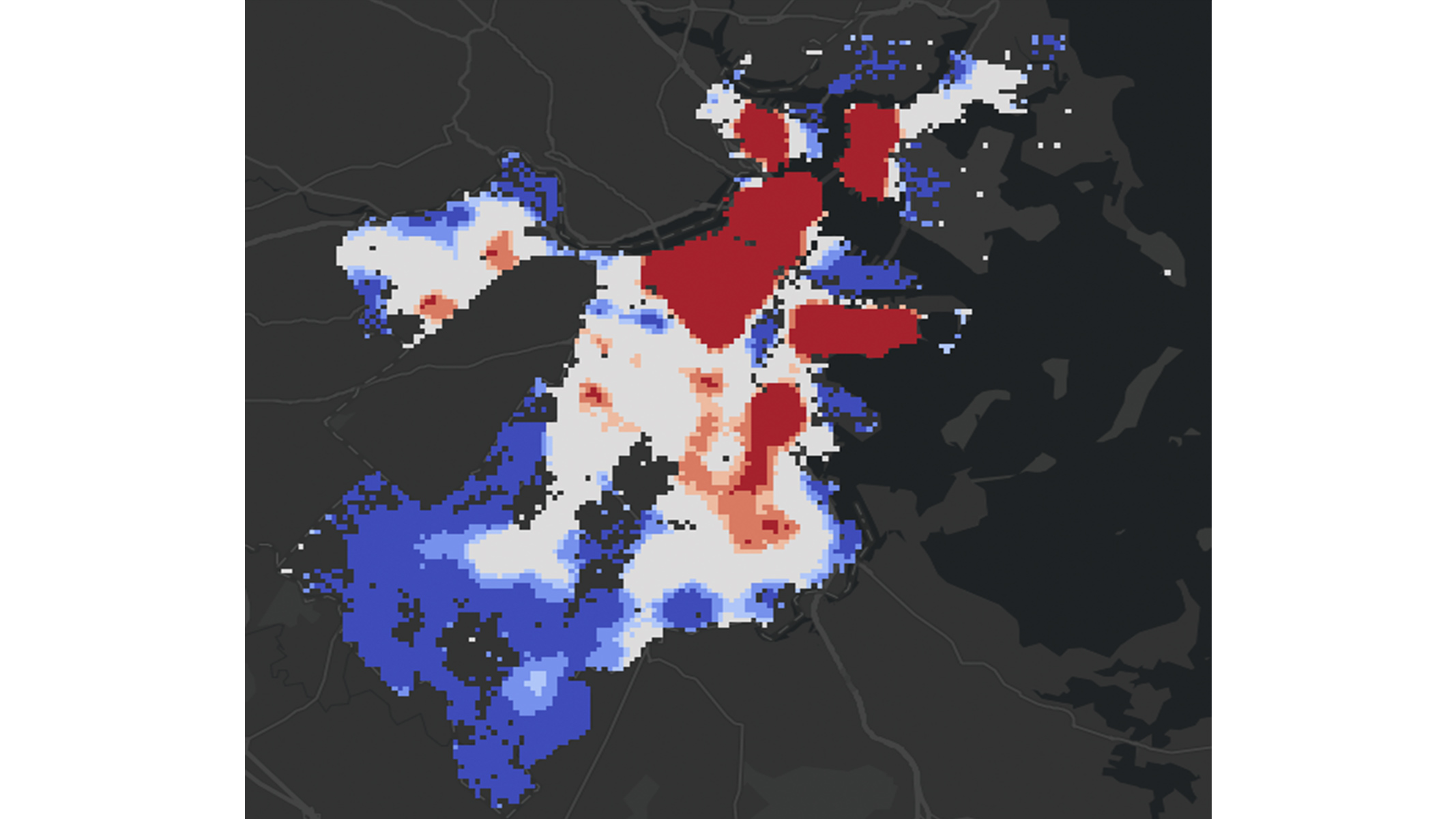 Carte de densité ArcGIS GeoAnalytics for Microsoft Fabric noire montrant les différents niveaux d’intensité dans une zone géographique en rouge, blanc et bleu