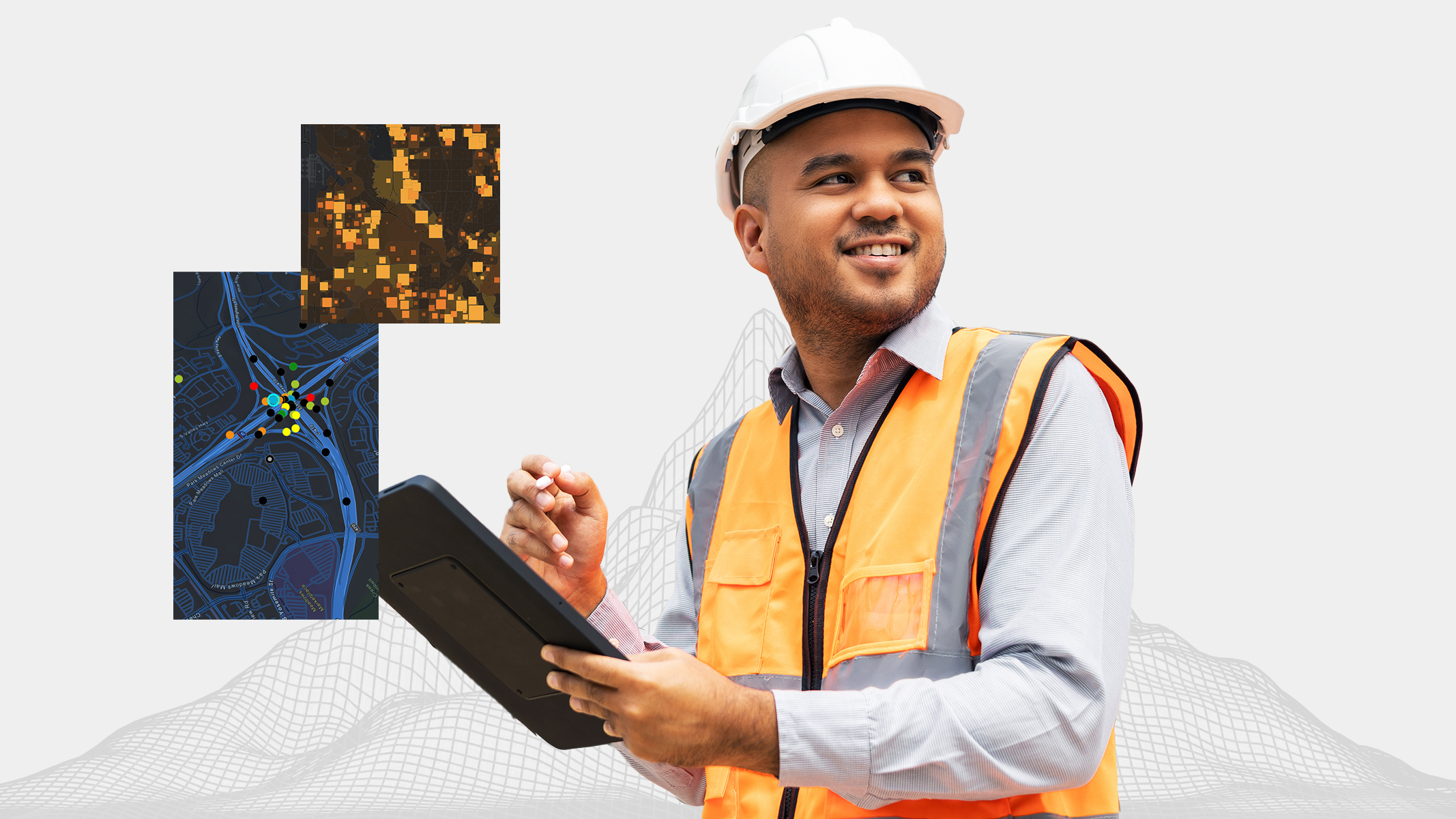 Opérateur de terrain portant un casque de chantier et un gilet de sécurité orange examinant des données sur une tablette, et une image en encart représentant une carte bleue