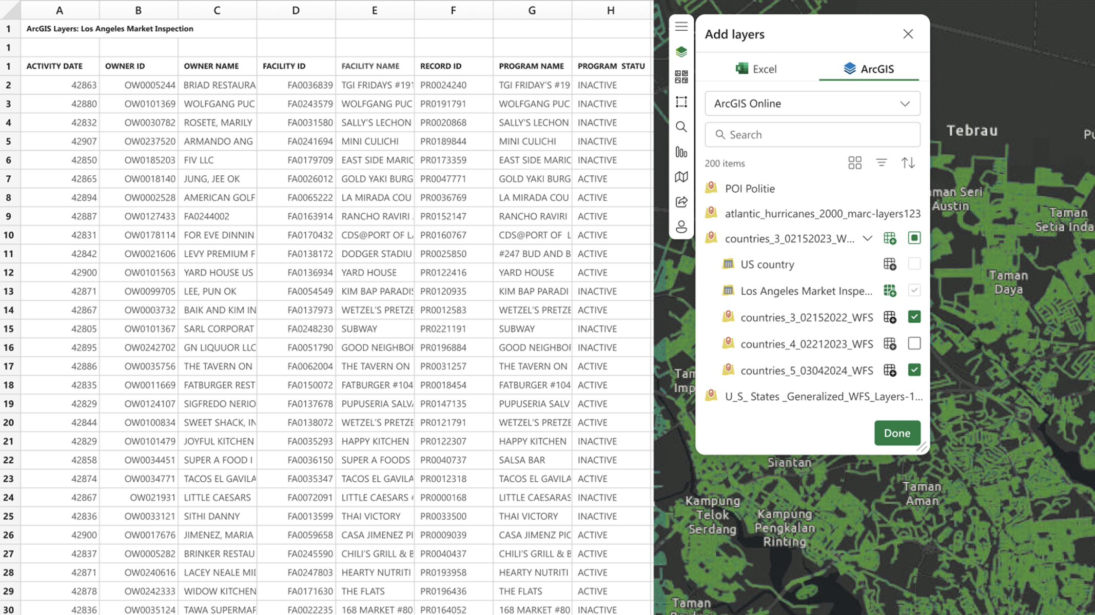 Feuille de calcul contenant des données à gauche et carte de l’interface ArcGIS for Excel avec diverses couches de données activées à droite