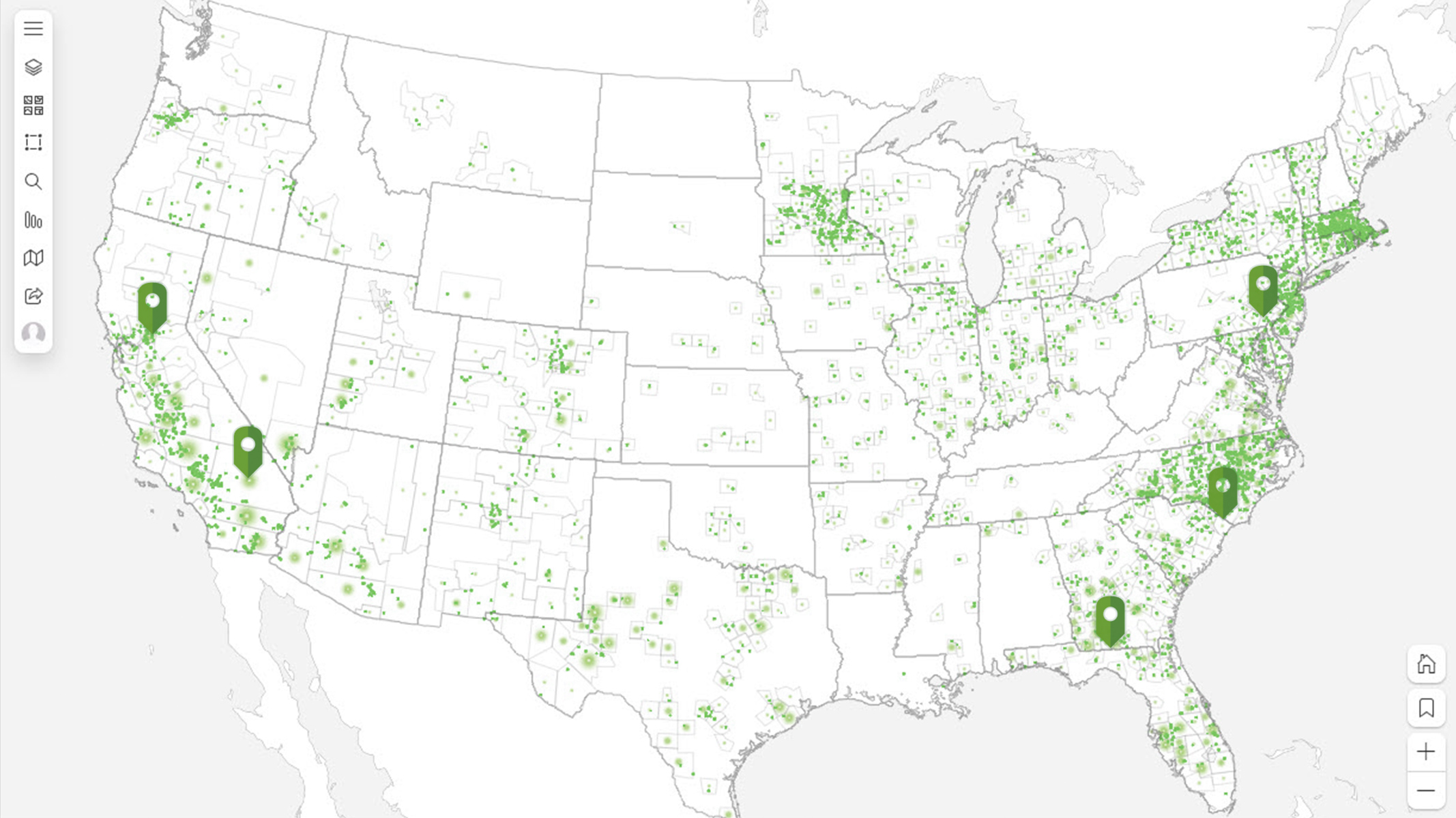 Carte ArcGIS for Excel des États-Unis représentant plusieurs localisations repérées par des épingles vertes