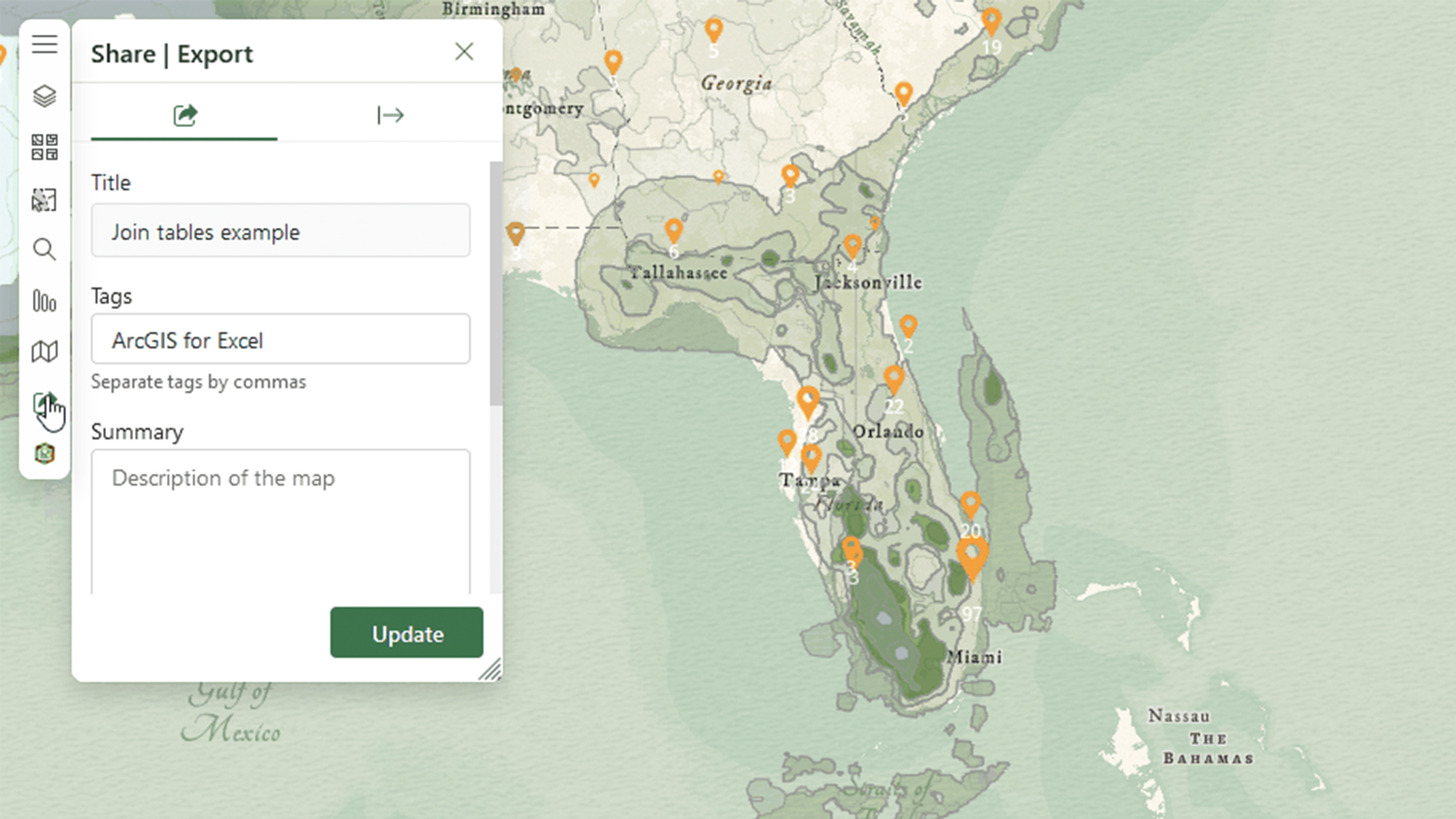 Carte ArcGIS for Excel illustrant la Floride avec des points de données superposés et une fenêtre contextuelle contenant l’option visant à partager ou exporter la carte