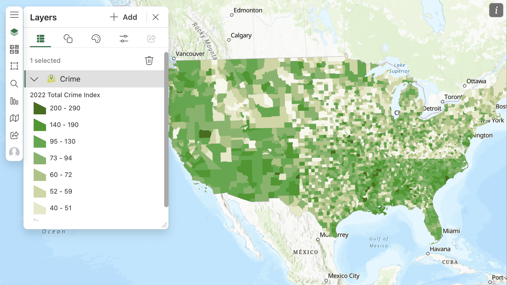 Carte ArcGIS for Excel en vert et en beige représentant des données géospatiales à travers les États-Unis
