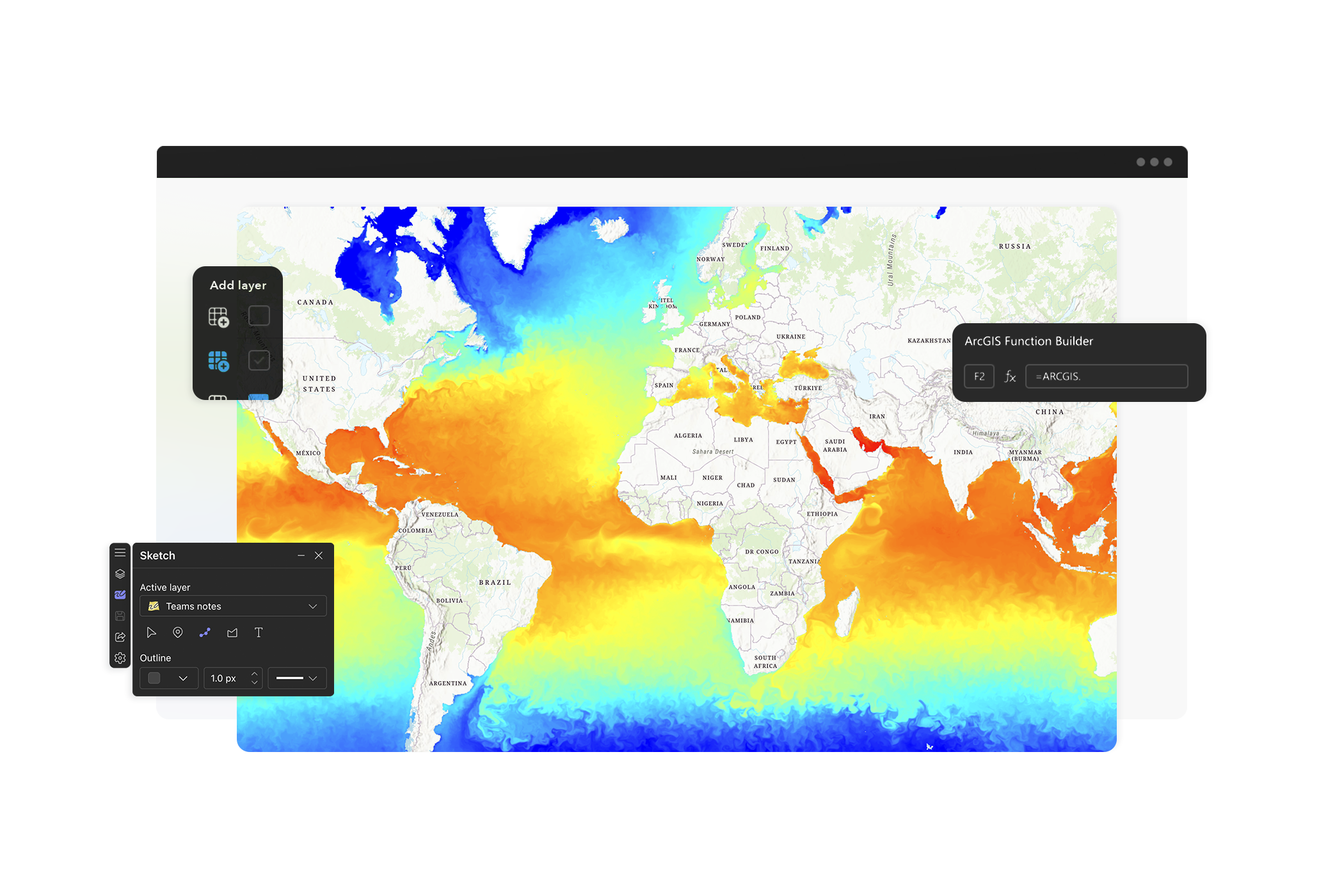  Carte du monde affichant des températures océaniques en bleu, orange et jaune avec des fragments de l’interface d’ArcGIS for Microsoft 365 
