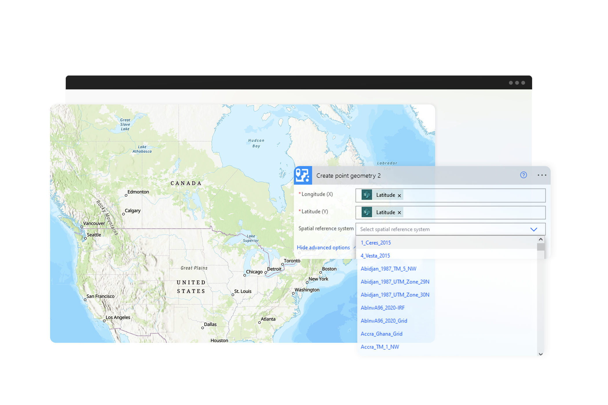  Carte de l’Amérique du Nord avec une fenêtre contextuelle ArcGIS Connectors for Power Automate avec l’étiquette de création de géométrie ponctuelle en haut