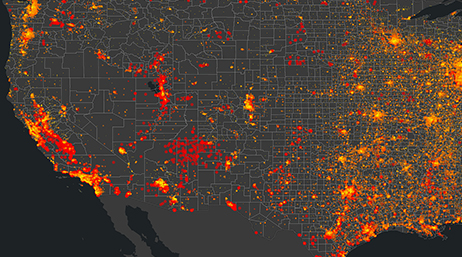 Carte des États-Unis couverte de points de données jaunes et rouges