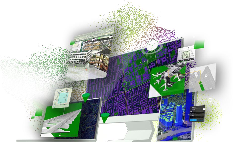 Écran d’ordinateur affichant une carte avec des images d’aéroports, de voies ferrées, de bâtiments, de villes et d’informations géographiques en superposition