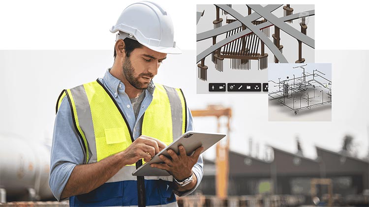 Ouvrier de chantier utilisant une tablette sur site avec des graphiques superposés d’une carte, d’un modèle structurel 3D et d’une table de données