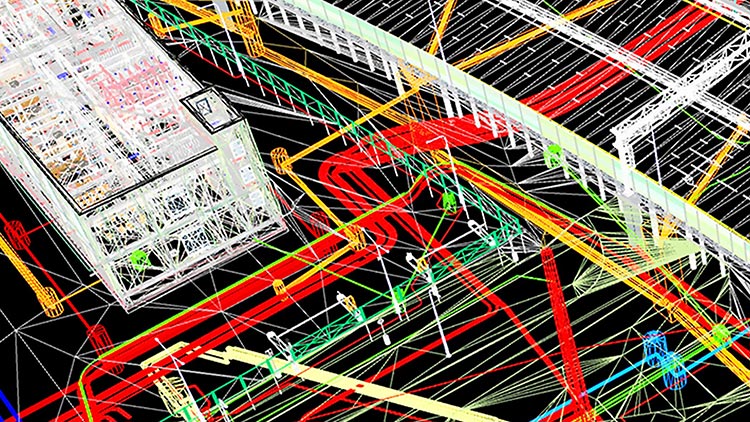 Modèle coloré d’un projet de construction complexe montrant des éléments structurels s’intersectant, illustrant l’intégration des SIG et du BIM