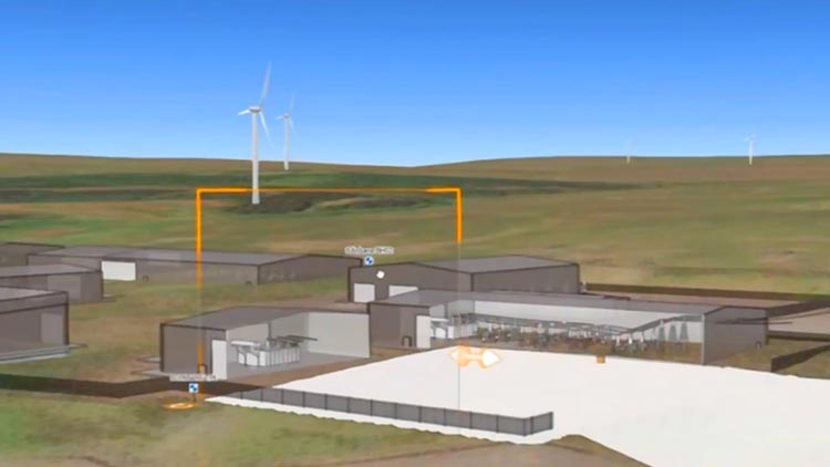 Modèle BIM d’une sous-station électrique avec des éoliennes en arrière-plan, illustrant l’intégration entre les SIG et le BIM pour le projet de réseau en Écosse