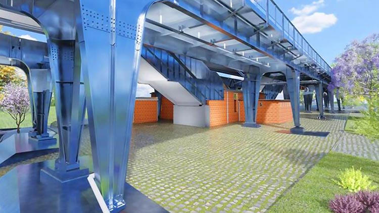 Modèle BIM de la structure de tramway léger surélevé de Berlin, montrant des supports en acier et une zone pavée environnante, utilisé pour la planification de la rénovation