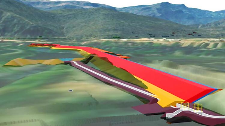  Modèle BIM d’un projet de reconstruction au Pérou montrant des couches de conception colorées pour la réparation des infrastructures dans un paysage montagneux