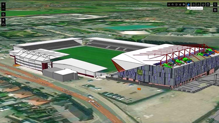 Modèle BIM du stade de Wrexham montrant les rénovations prévues avec des détails structurels, présenté dans un article de blog d’Esri sur l’intégration des SIG et du BIM
