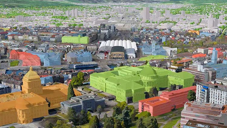 Vue fractionnée montrant un modèle de ville 3D avec des données BIM dans l’interface ArcGIS GeoBIM à gauche et un modèle détaillé de composant de bâtiment à droite