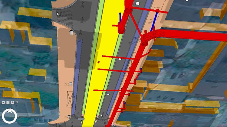 Modèle 3D de la ligne de métro Grand Paris Express avec des éléments structurels colorés et le contexte environnant