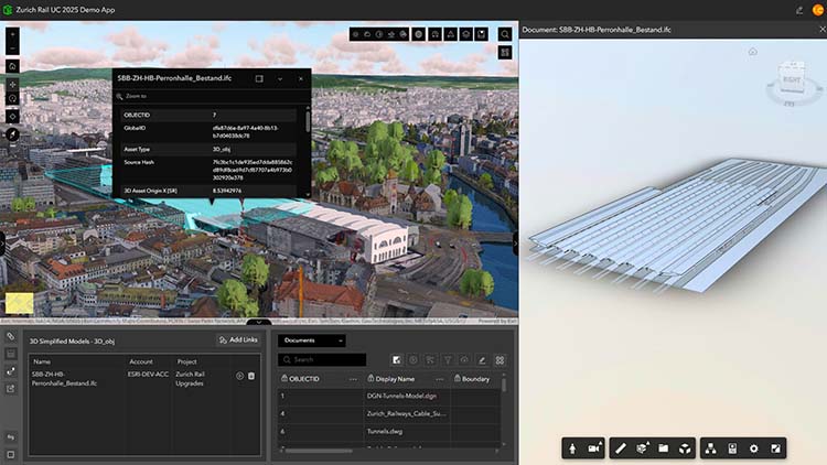 Vue fractionnée montrant un modèle de ville 3D avec des données BIM dans l’interface ArcGIS GeoBIM à gauche et un modèle détaillé de composant de bâtiment à droite