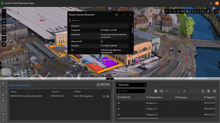 Interface ArcGIS GeoBIM montrant une vue 3D d’une rue de la ville avec des zones mises en surbrillance et un volet des détails des documents
