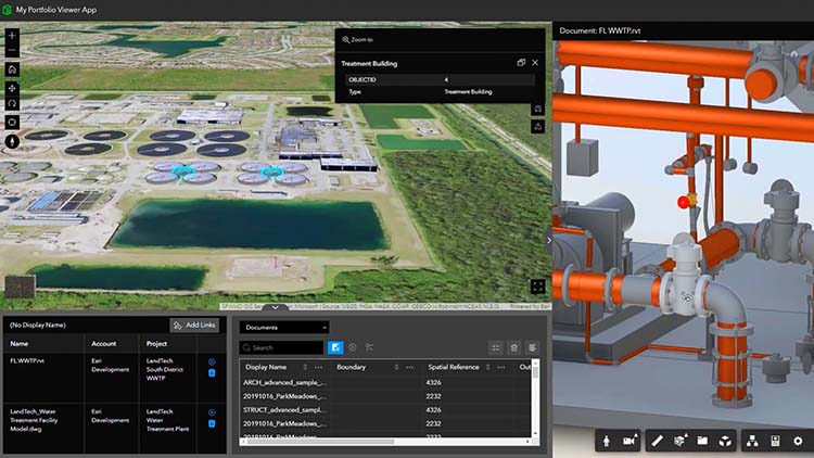 Vue aérienne d’une station d’épuration et modèle BIM 3D détaillé de tuyauterie industrielle