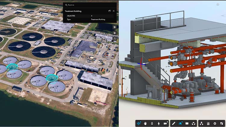Vue côte à côte d’une photo aérienne d’une station d’épuration et d’un modèle BIM 3D détaillé d’équipements industriels