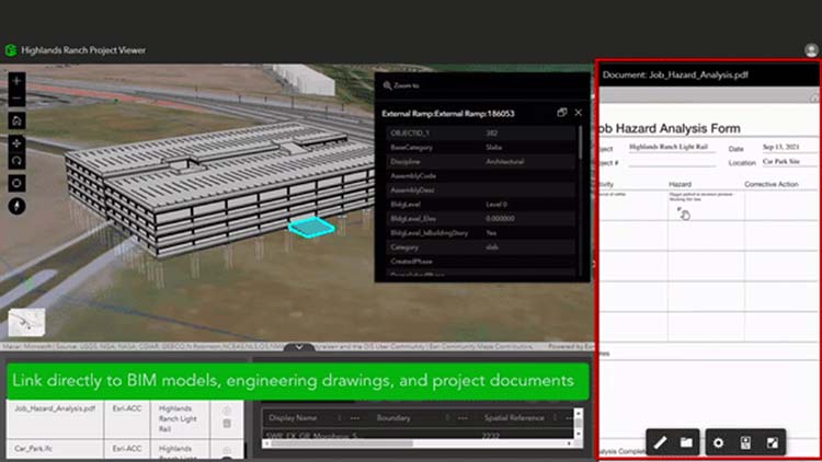 Interface ArcGIS GeoBIM montrant un modèle de bâtiment 3D lié à des documents de projet et à un formulaire d’analyse des risques