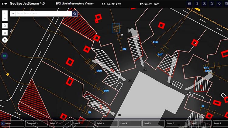 Disposition détaillée d’un aéroport avec des zones mises en surbrillance et des annotations