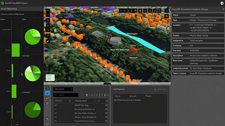 Modèle de bâtiment 3D simplifié avec des volets contenant des diagrammes à secteurs verts et des données