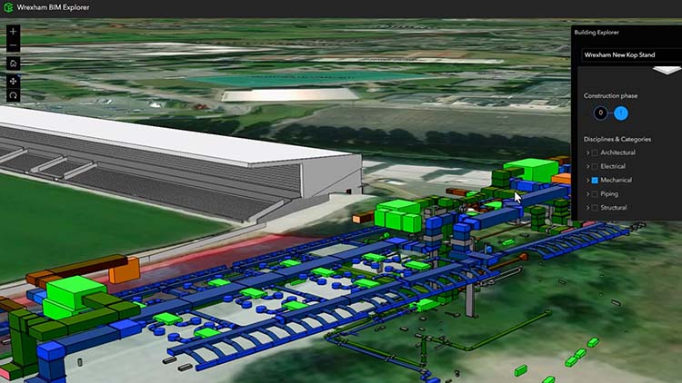 Modèle d’infrastructure 3D avec des composants colorés et un volet de données à droite