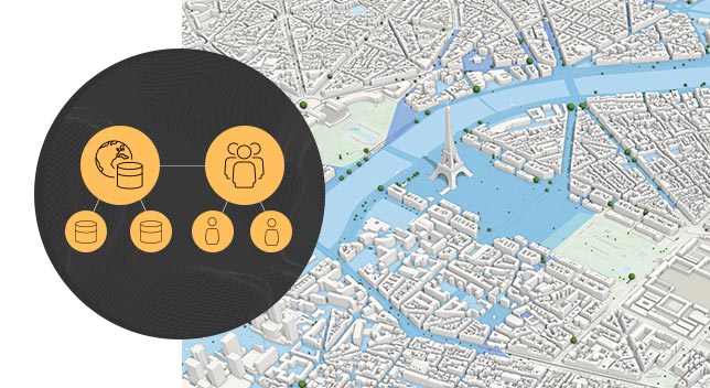 Carte en 3D de Paris montrant la tour Eiffel, des bâtiments et un fleuve bleu à côté d’icônes jaunes représentant des personnes et la Terre